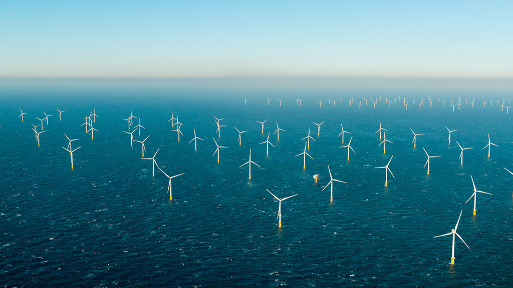 A wind turbine farm in the ocean